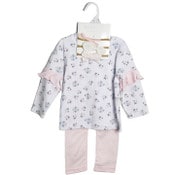 Wholesale - Pink/Floral Long Sleeve Bodysuit with Ruffles, Pants, and 3PK Headband Baby Apparel Set Shabby Chic C/P 48, UPC: 195010105002